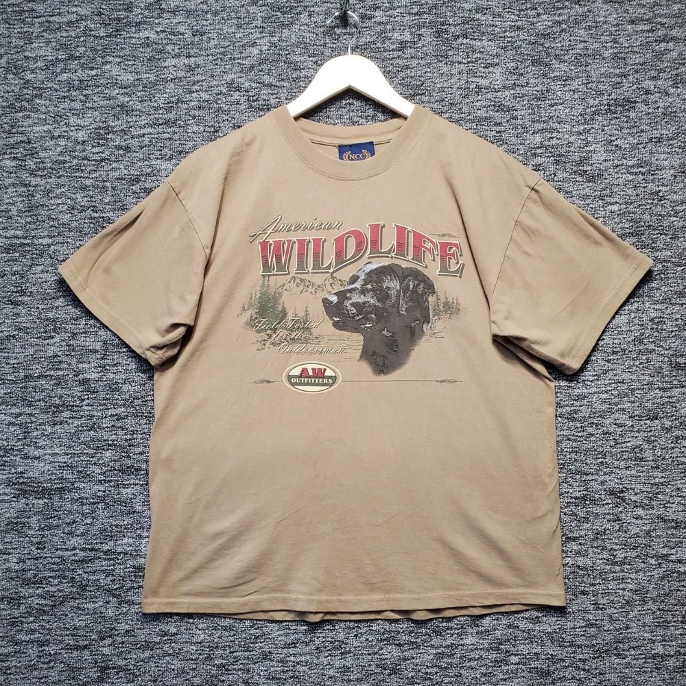VTG American Wildlife Black Lab Dog T Shirt Men Lg Tan Hunting Outdoors Graphic